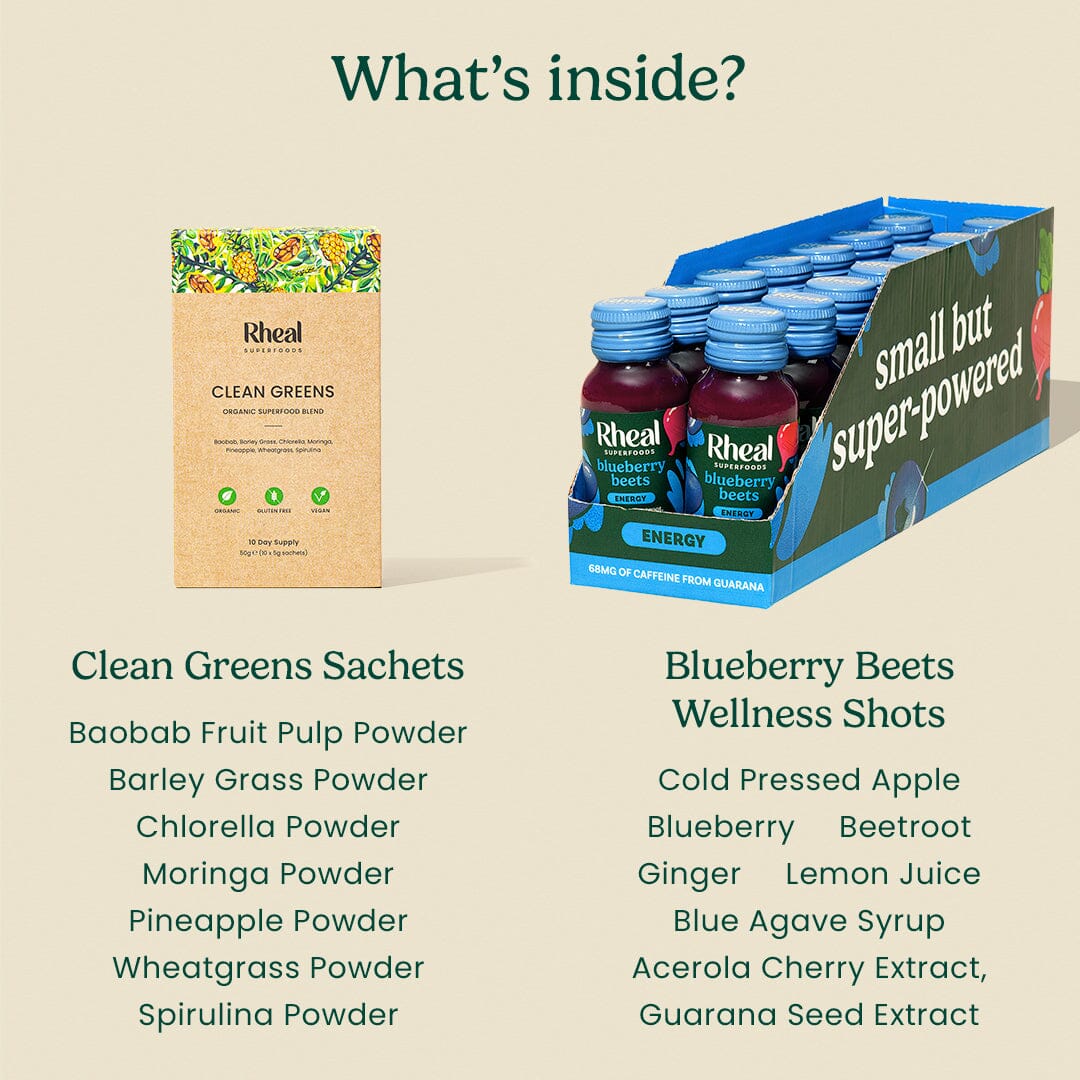Rheal Immunity & Energy Starter Kit: Clean Greens Sachets & Blueberry Beets Wellness Shots - Image 2